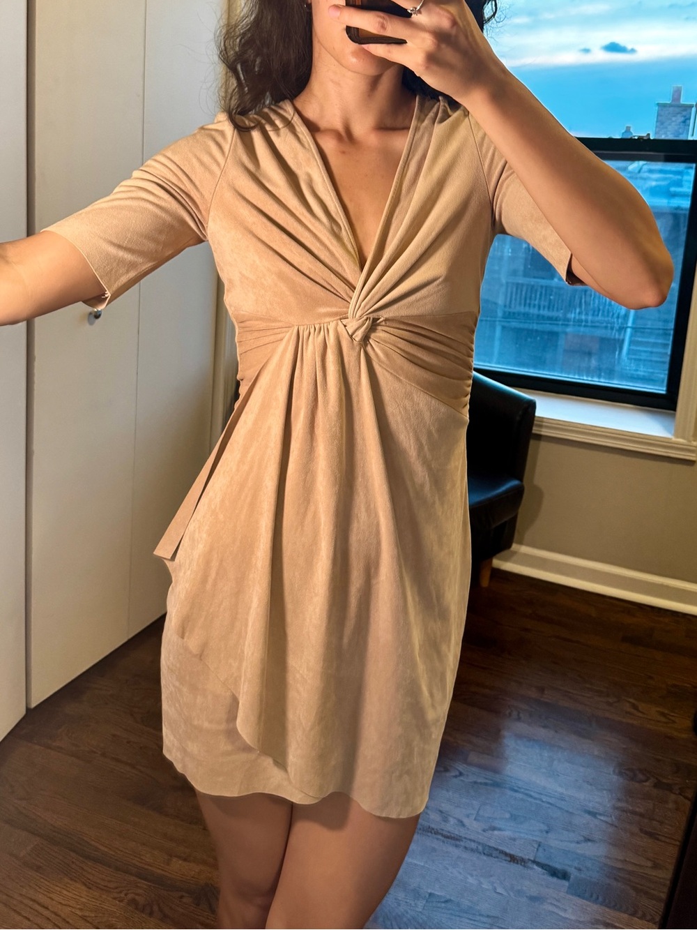 Knot-Front Short Sleeve Dress in Nude